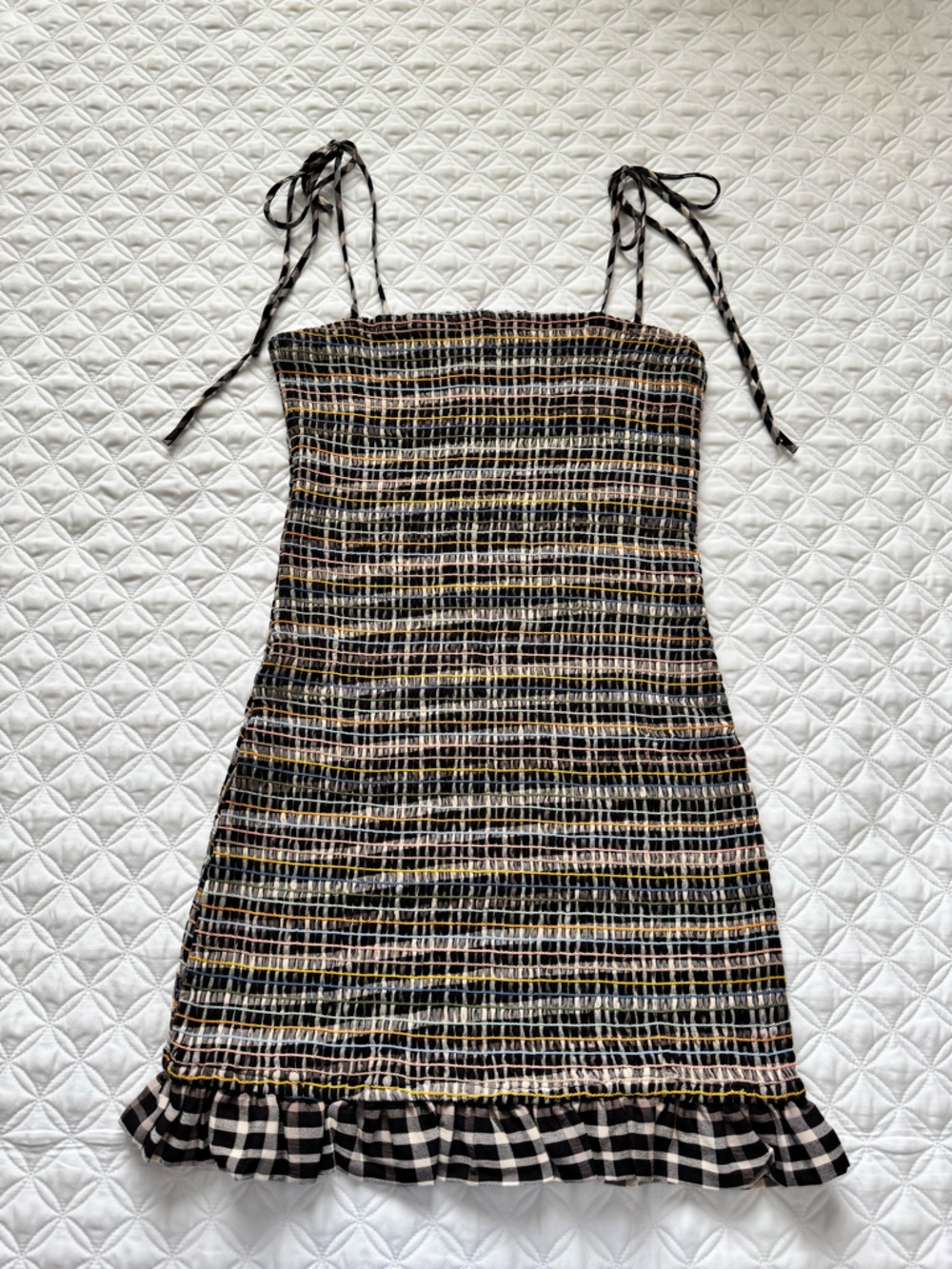 Paradise USA Black Tan Gingham Multicolor Stripe Smocked Dress Tie Straps Sz L